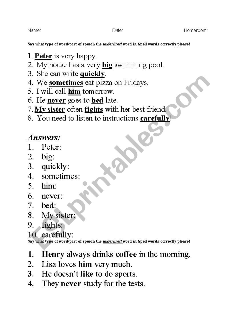 Parts of speech test worksheet