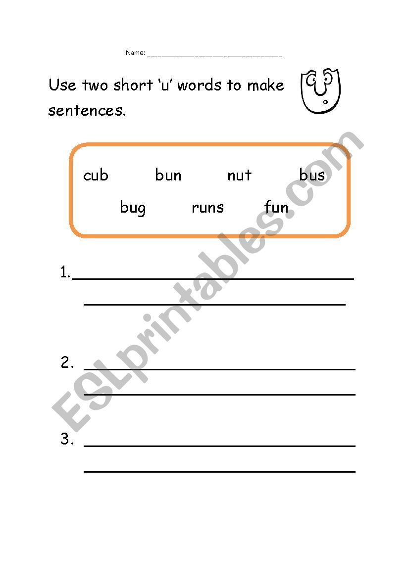 Short u words in sentences worksheet