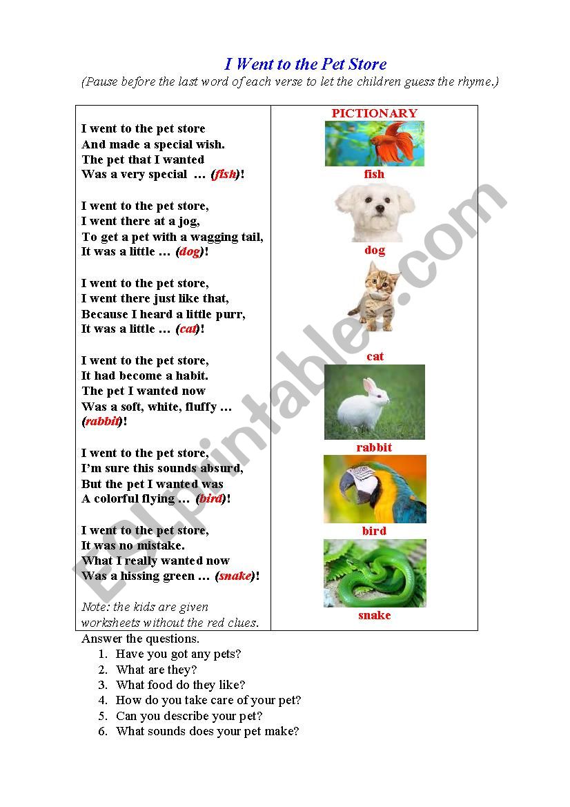 PET STORE (A riddle-poem for kids to guess the pets by their descriptions)