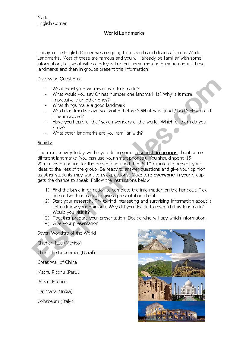 World Landmarks worksheet