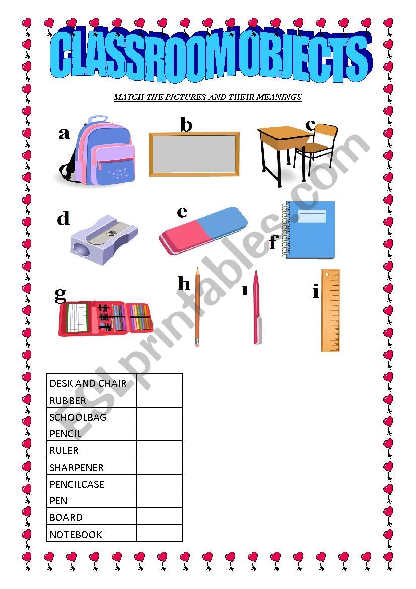 CLASSROOM OBJECTS-MATCHING worksheet