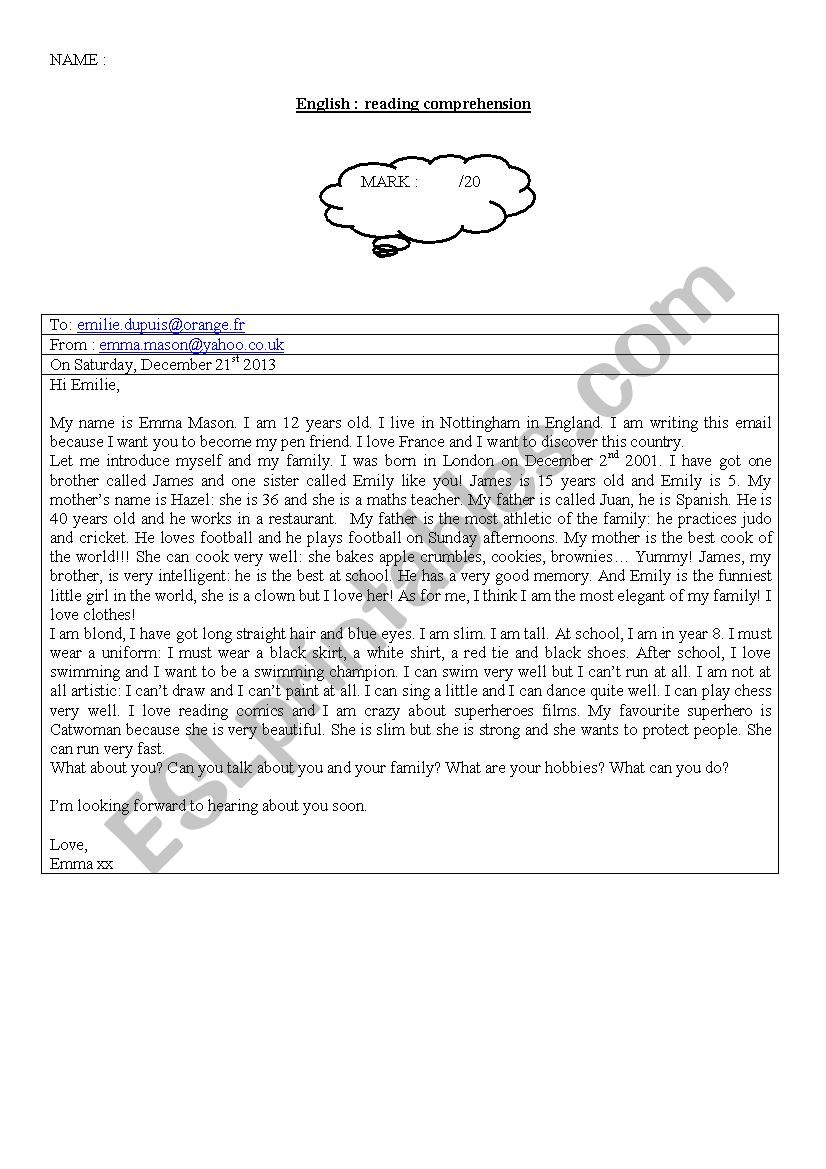 Reading: Email worksheet