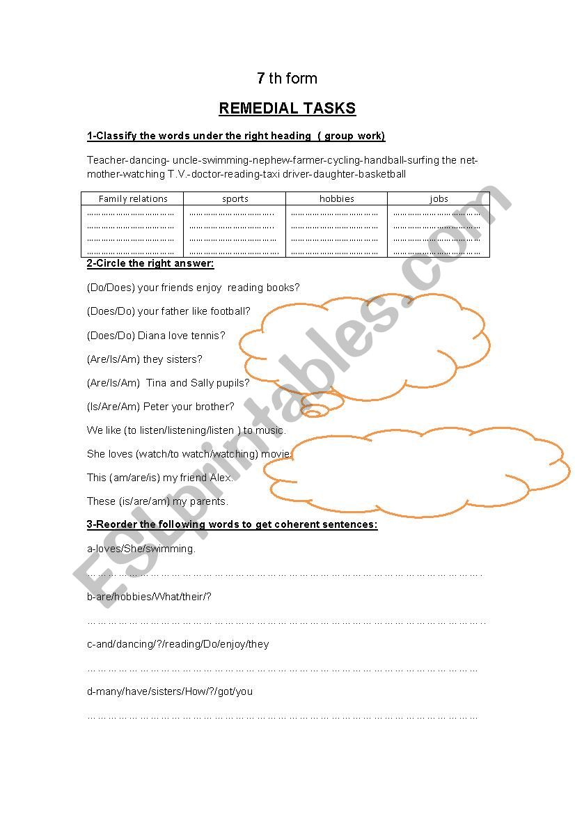  7th form remedial tasks worksheet