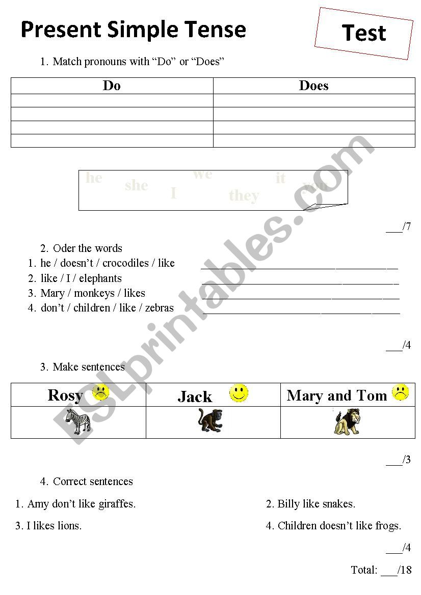 Present Simple - Test worksheet