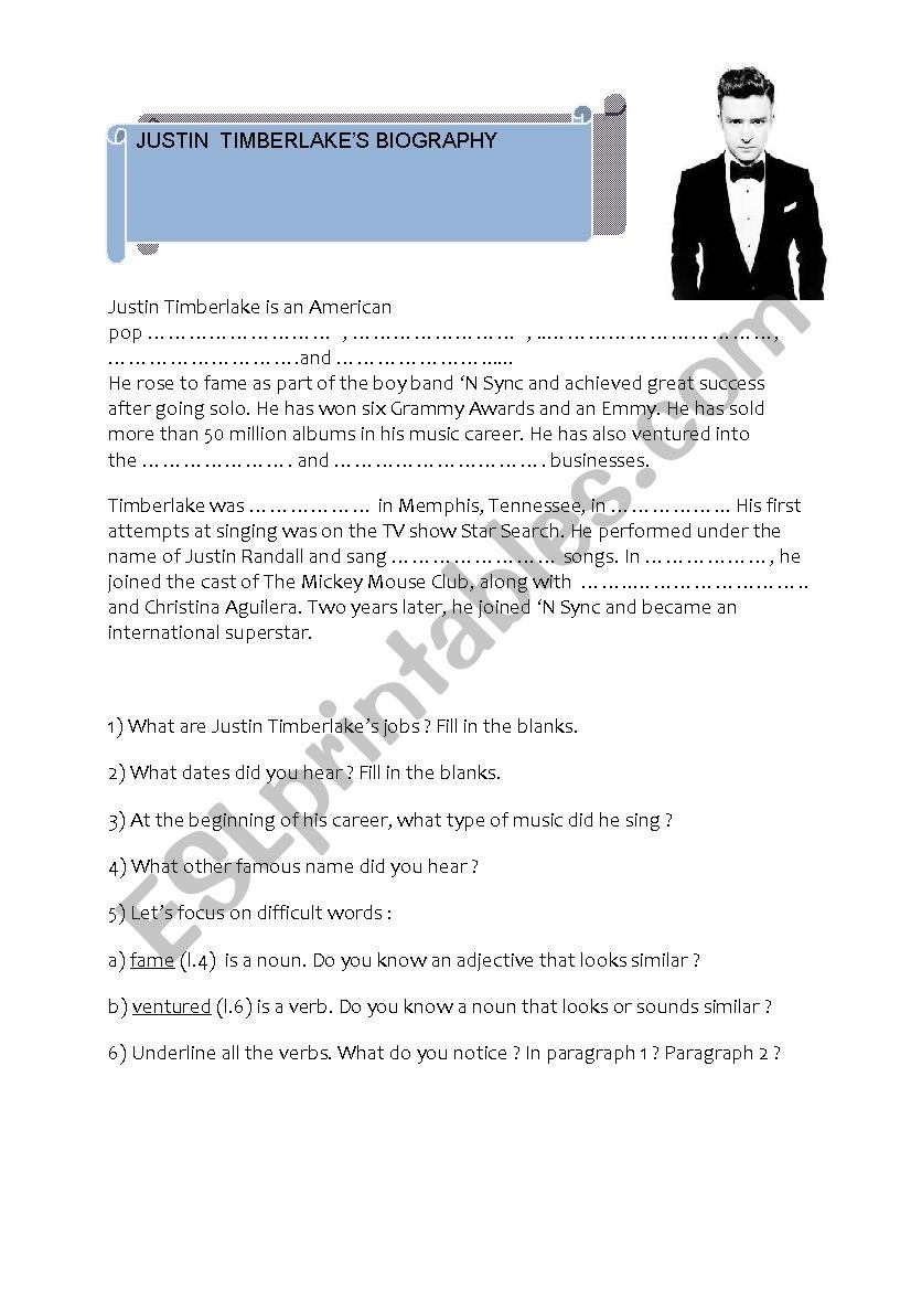 Justin Timberlakes biography worksheet