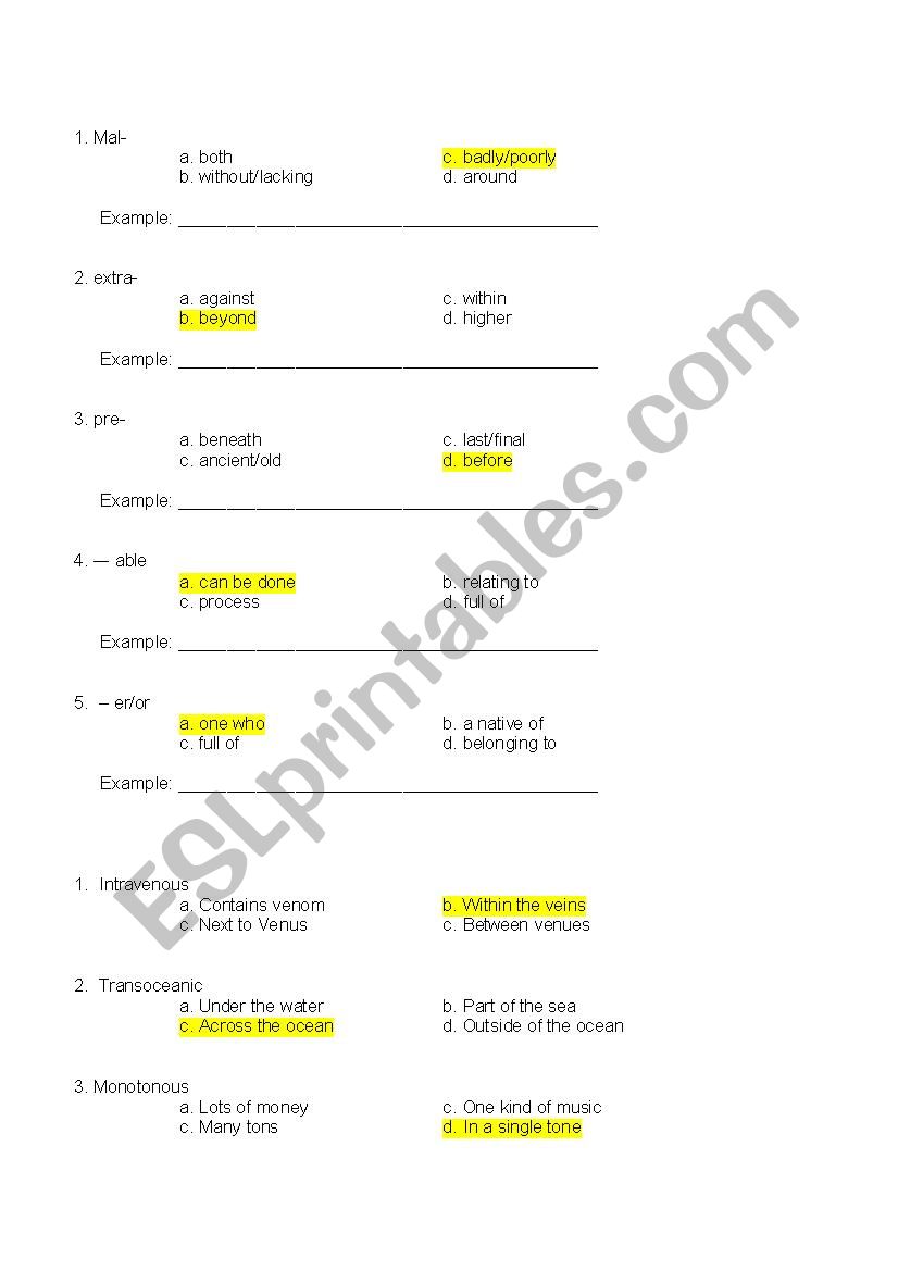 Prefixes and Suffixes Test worksheet