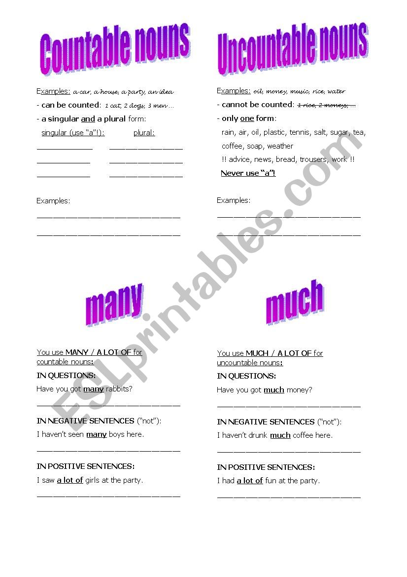 much or many worksheet