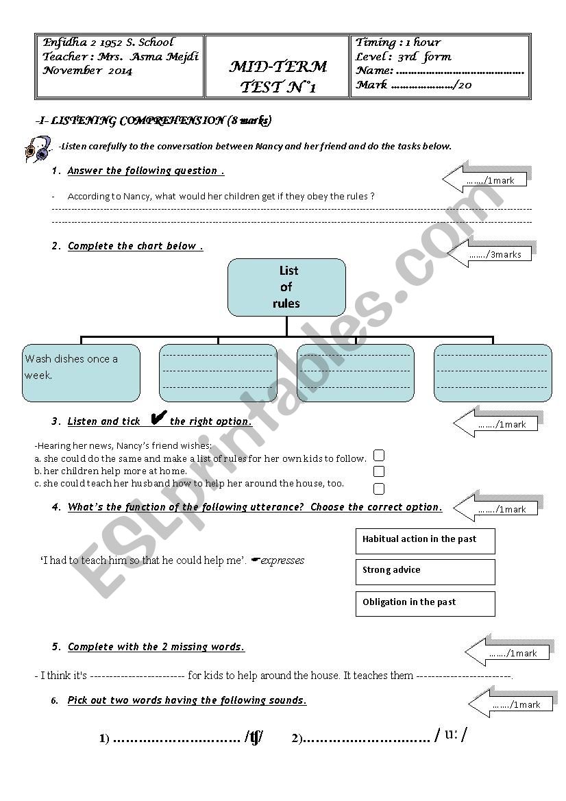 Mid-term test 1 3rd form worksheet