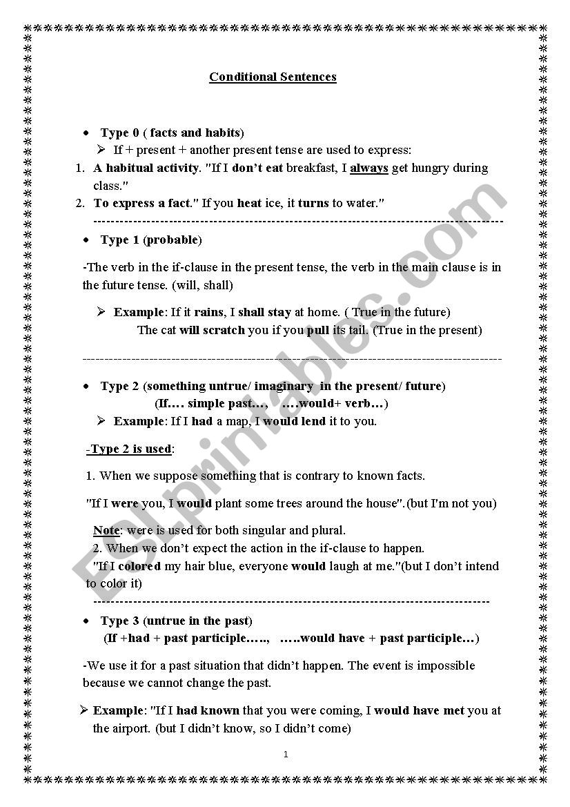 conditionals types 0,1,2 & 3 worksheet