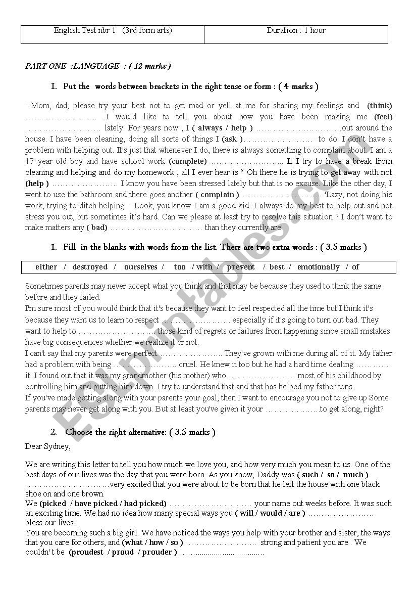 english test 3rd form worksheet