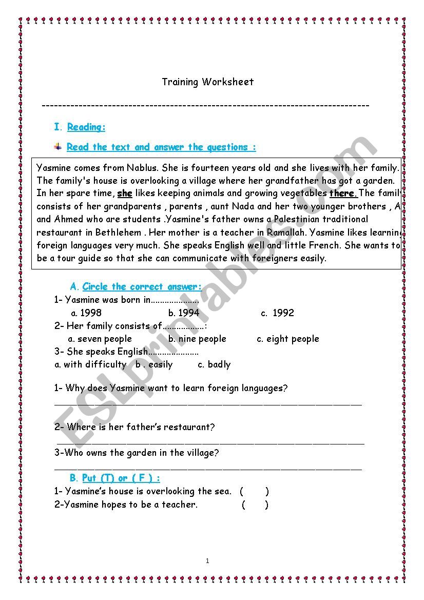 training worksheet worksheet