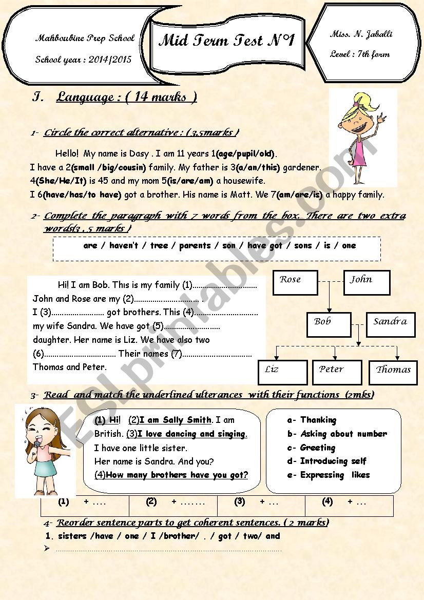 Mid Term Exam N1 7th form worksheet