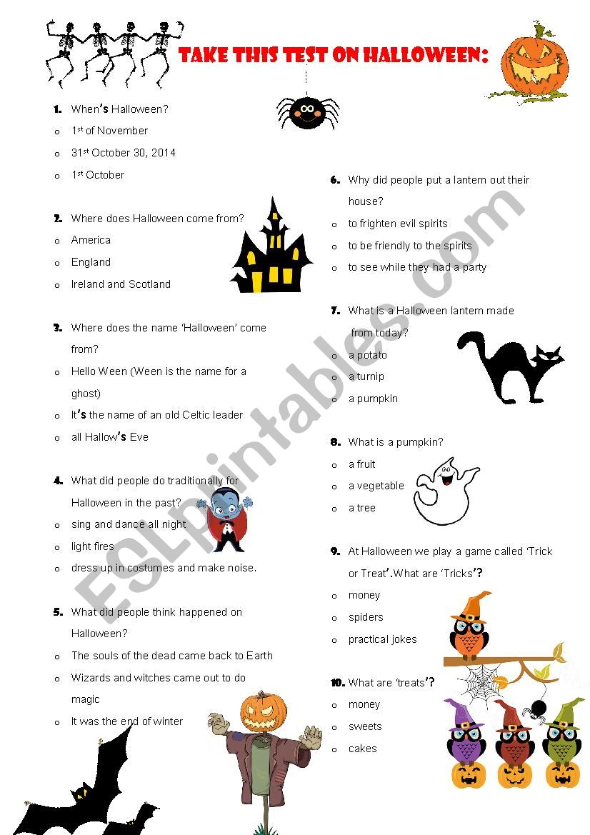 Test on Halloween worksheet