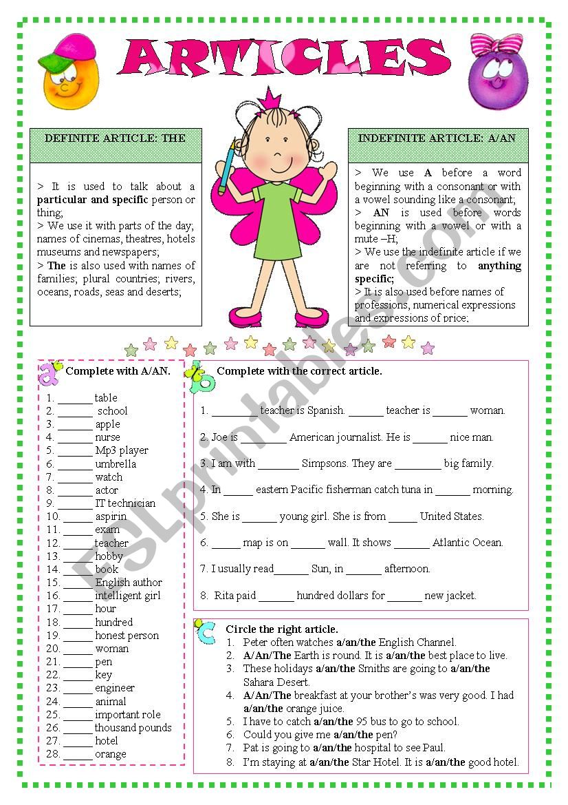 Articles worksheet