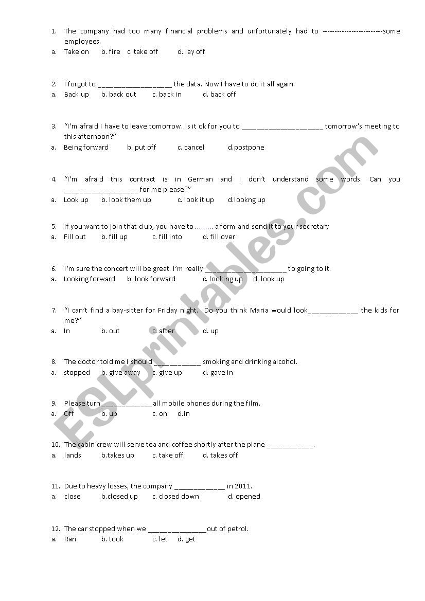 Phrasal verbs - Multiple choice exercises