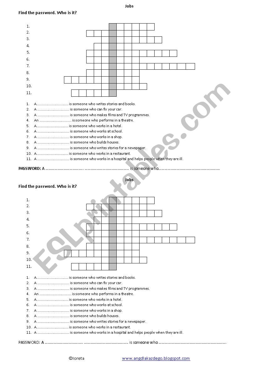 Job - crosswords worksheet