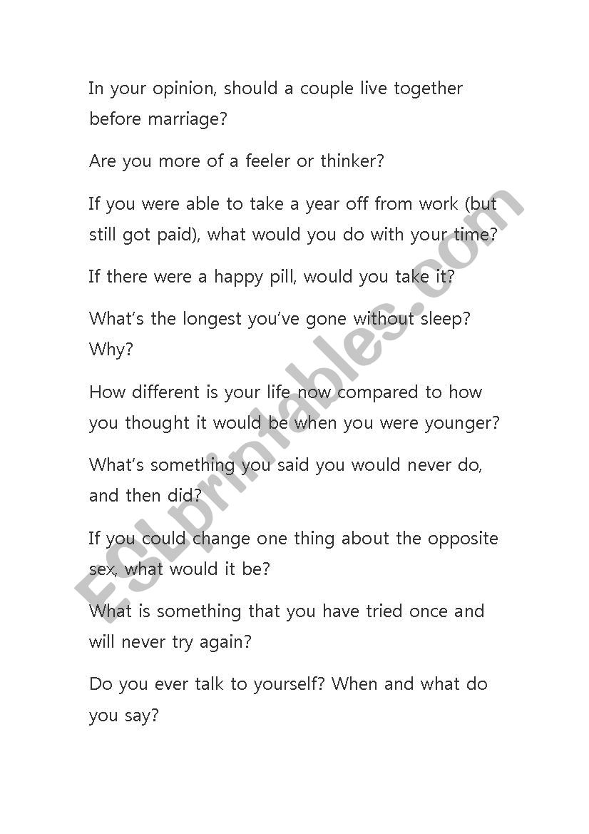 Random Questions worksheet