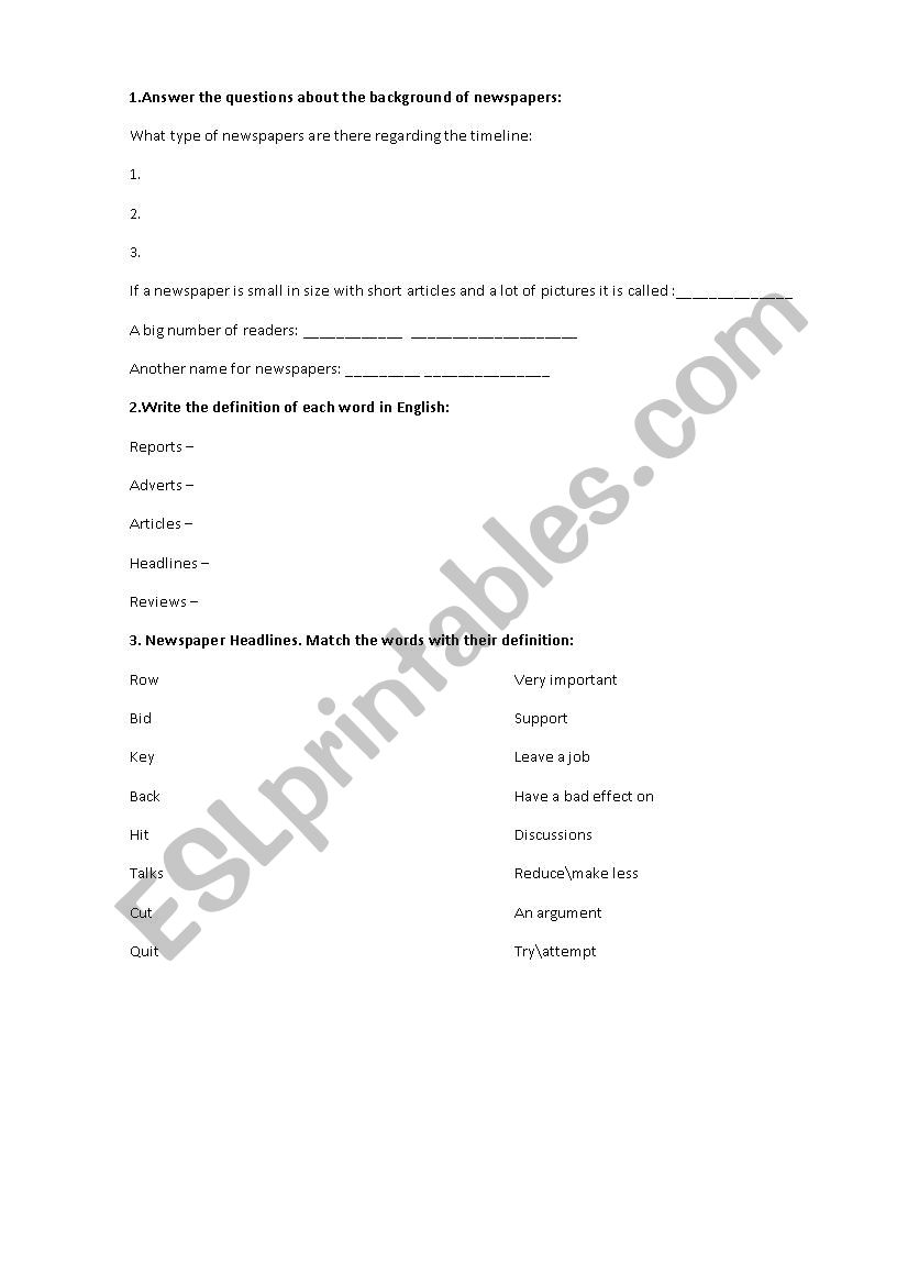 Newspapers worksheet
