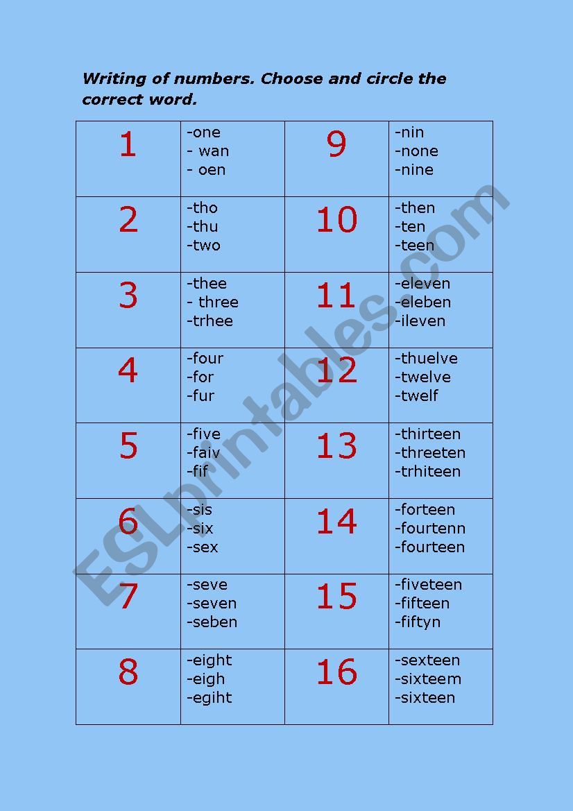 WRITING OF NUMBERS worksheet