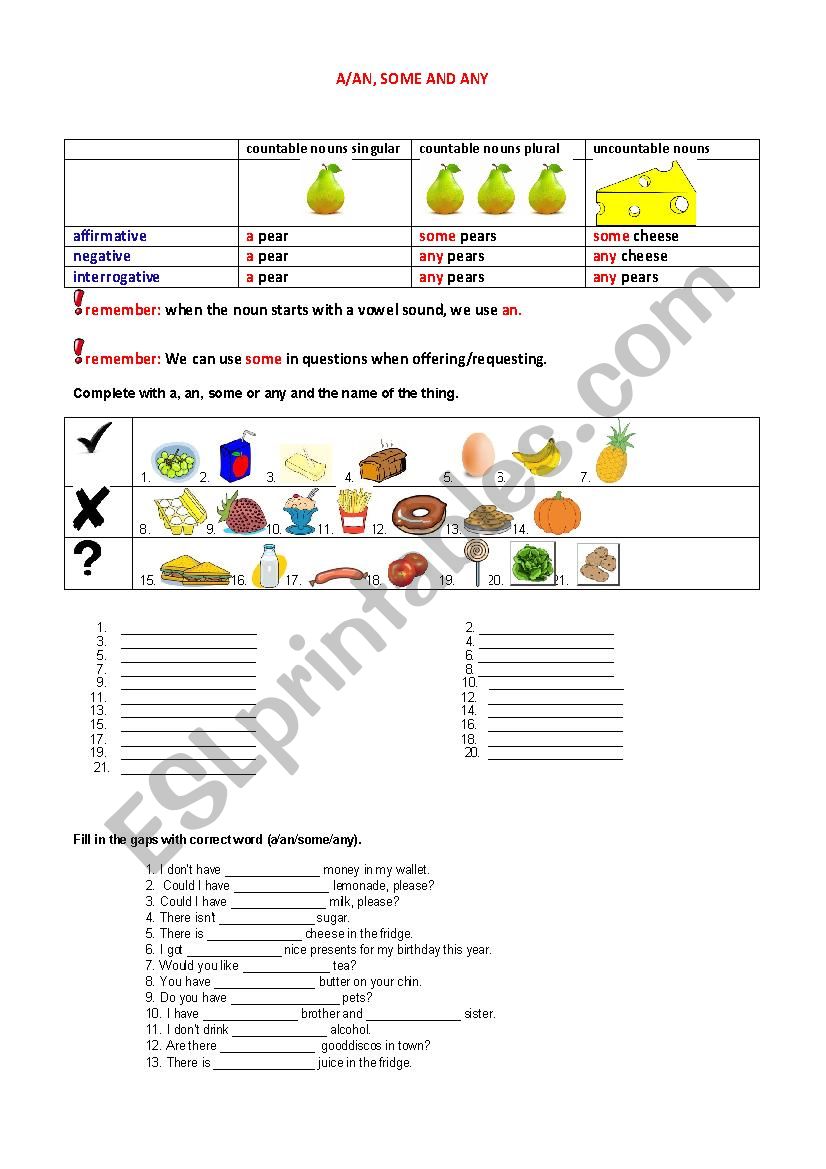 A/AN, SOME, ANY worksheet