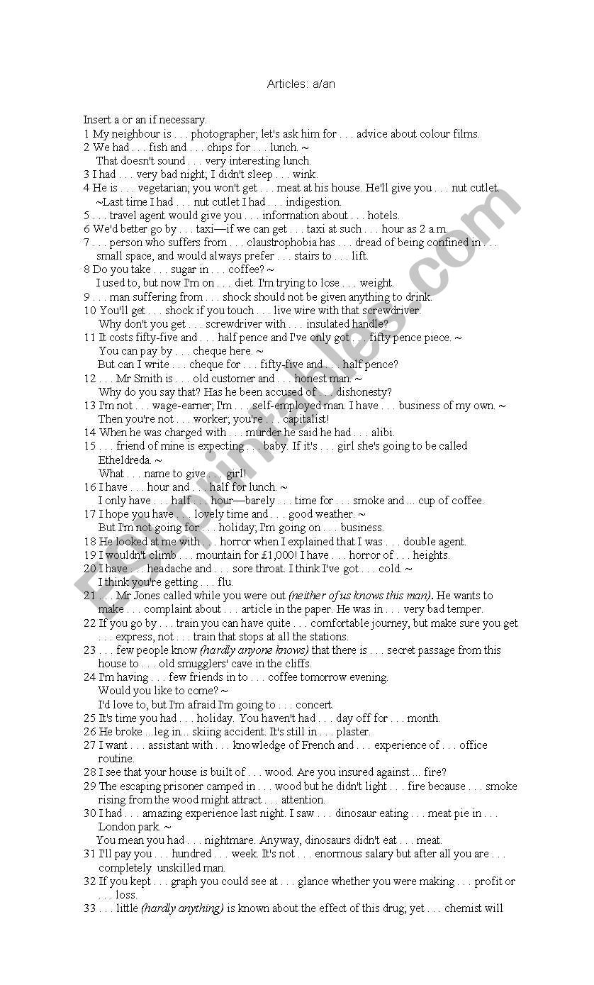 Articles worksheet