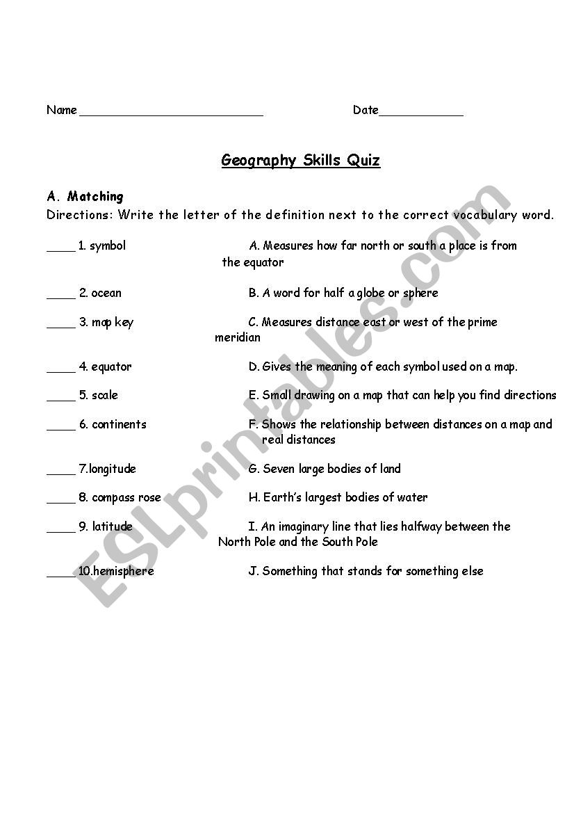 Geography Skills Test worksheet
