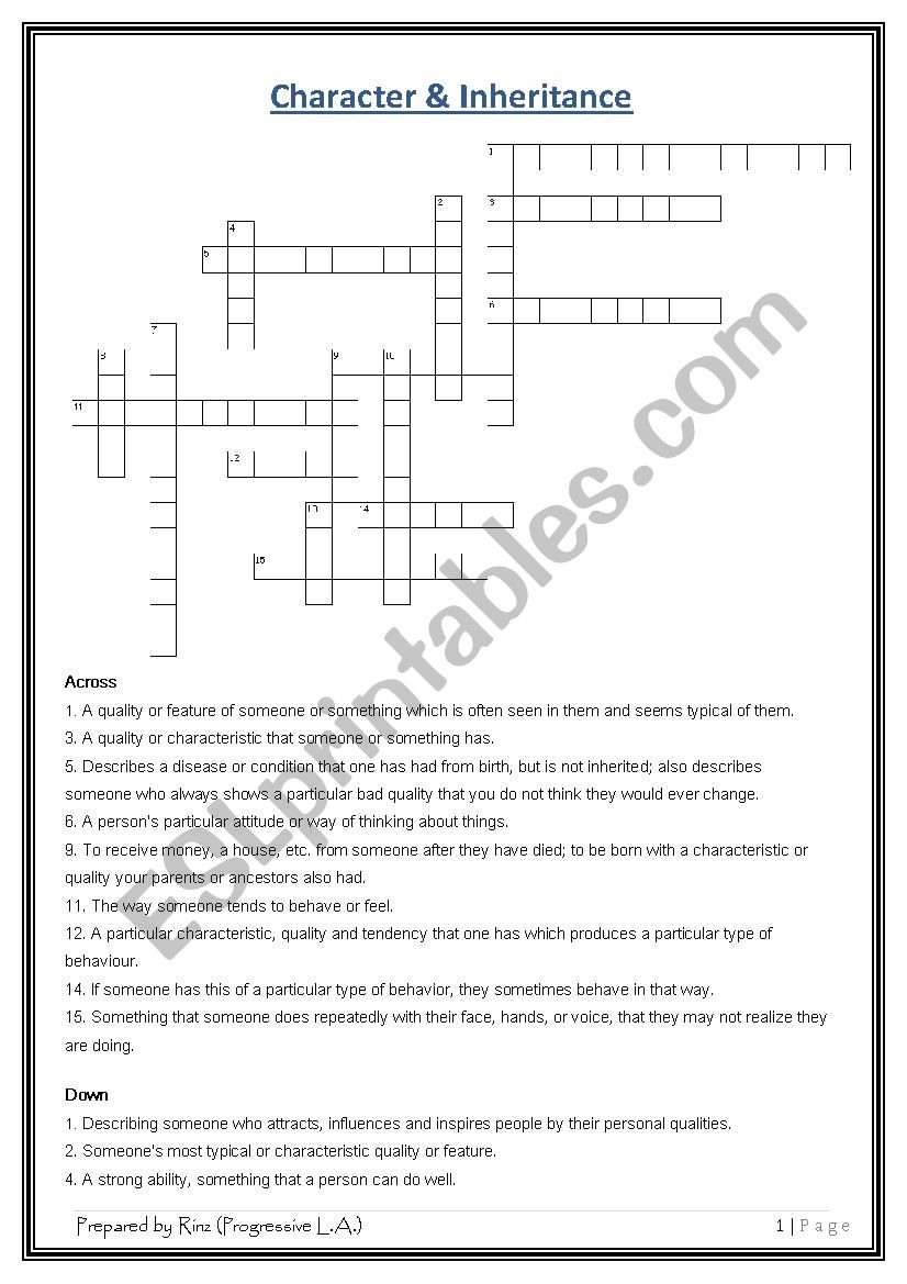 Character & Inheritance Crossword