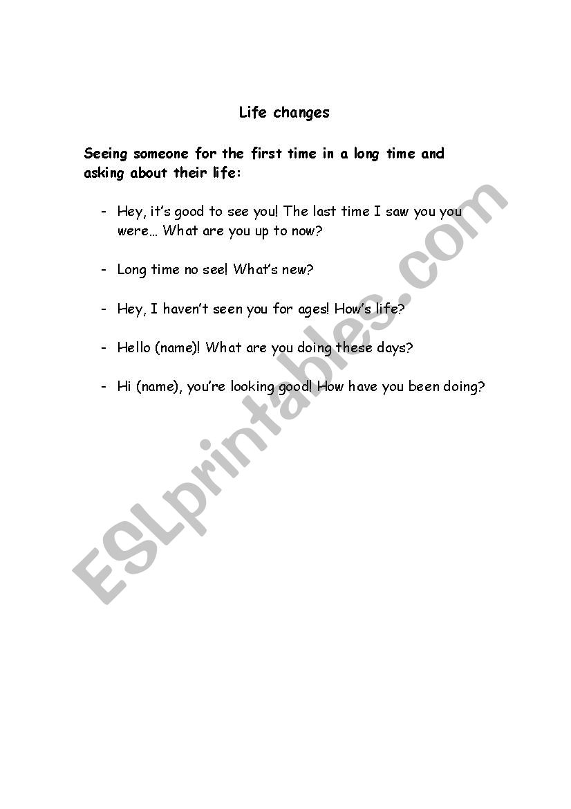 Life Changes worksheet