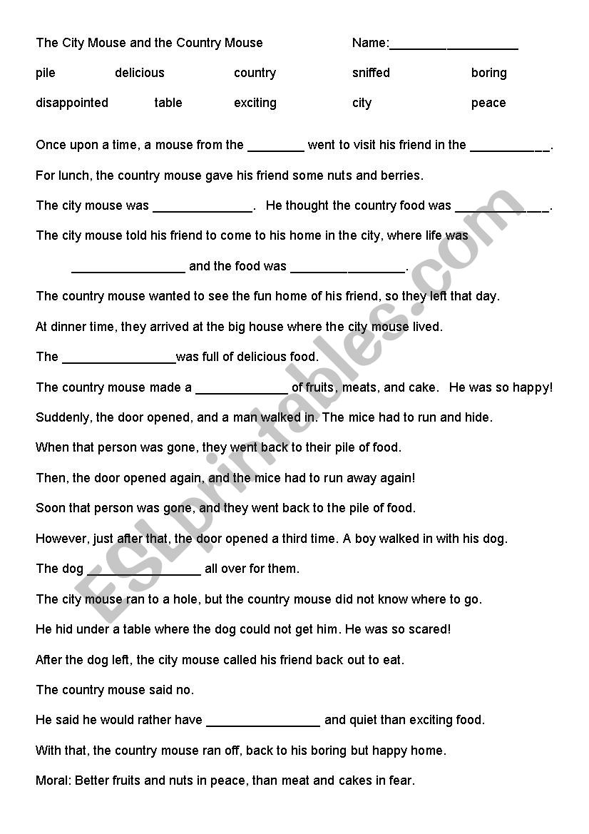 The City Mouse and the Country Mouse - Fable and Worksheets