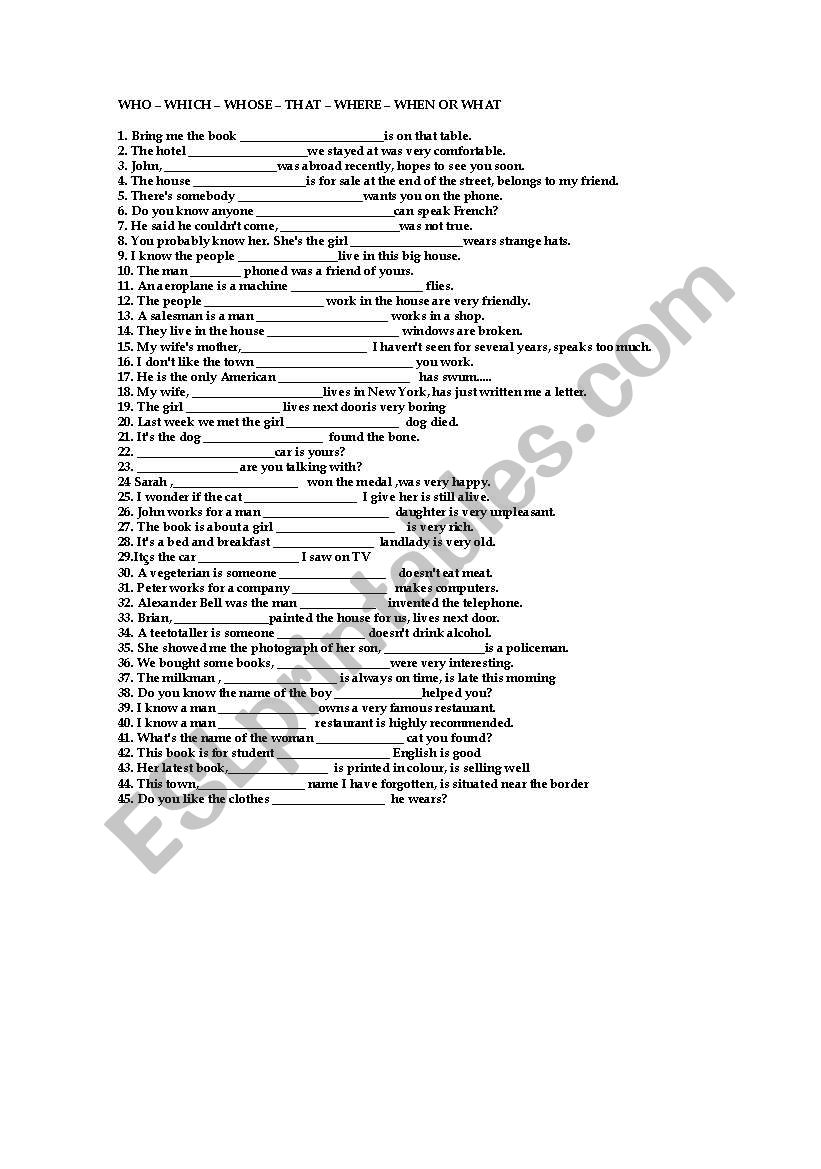 Relatives clauses  worksheet