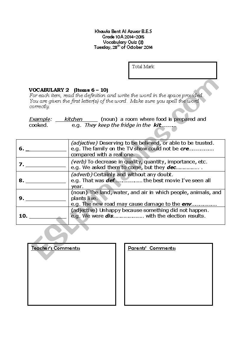 Vocabulary Quiz worksheet