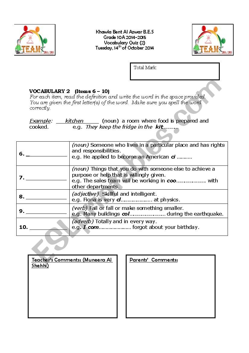 Gneral vocabulary revision worksheet