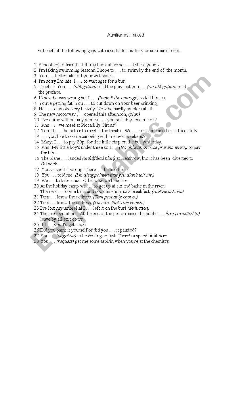 Auxiliaries worksheet