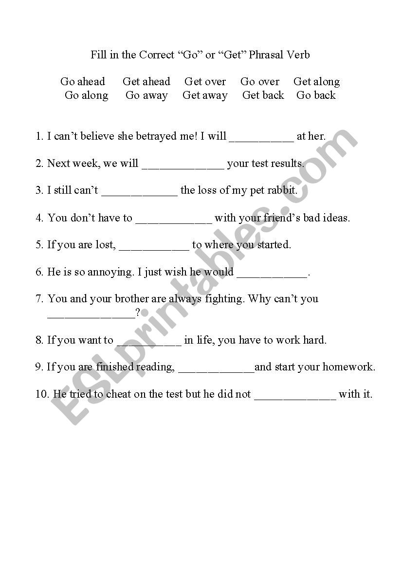 Go vs. Get Phrasal Verbs worksheet