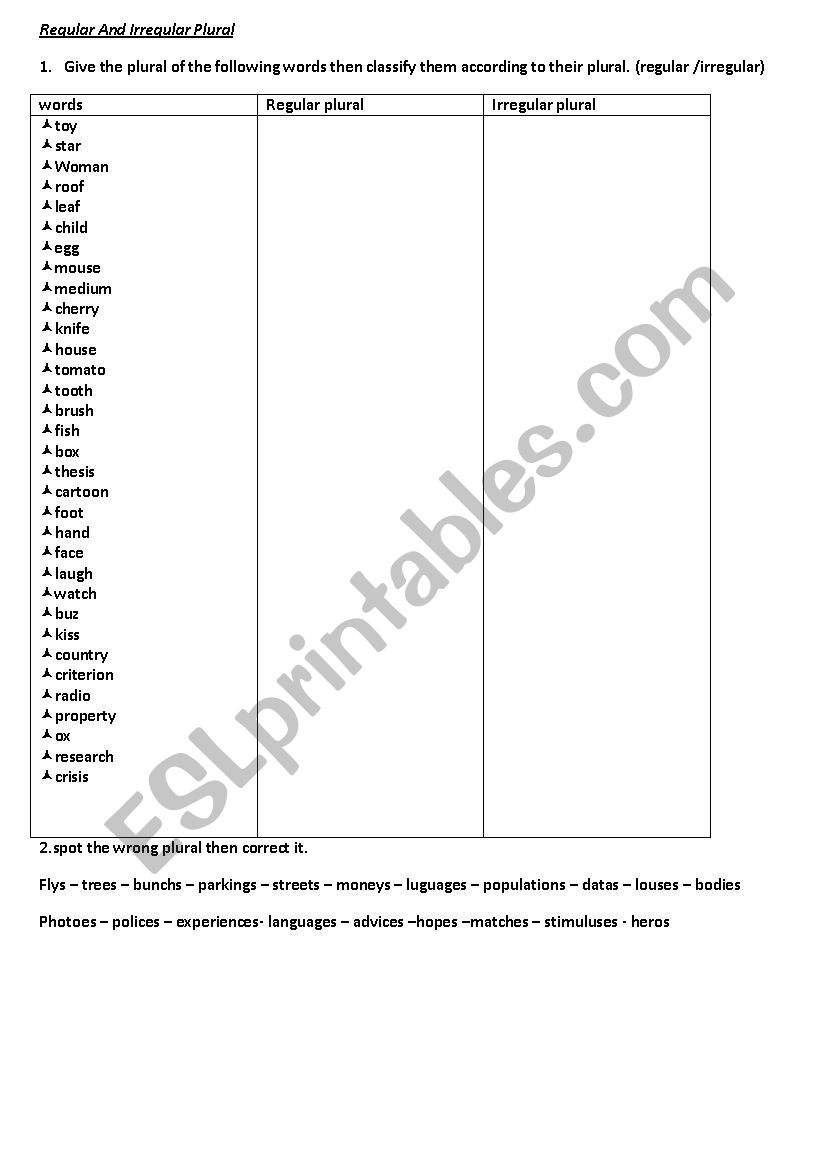 regular and irregular plural worksheet