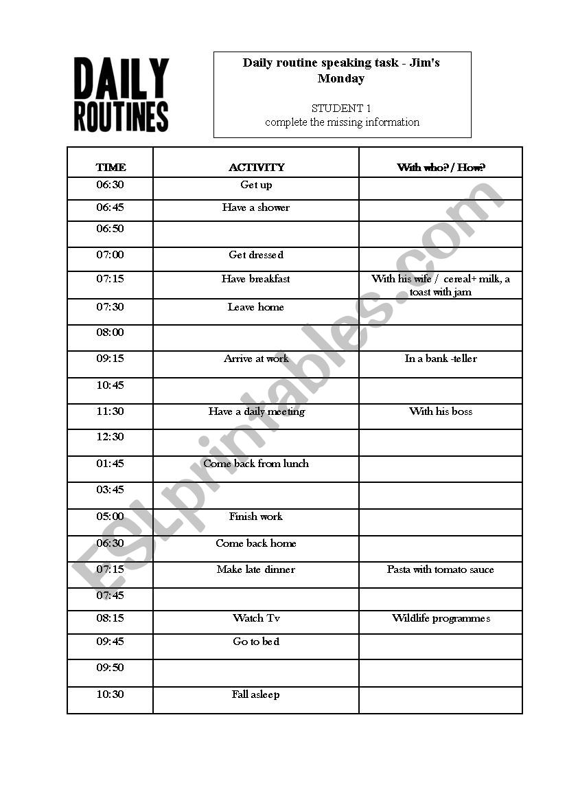 Daily routine - speaking - filling missing information