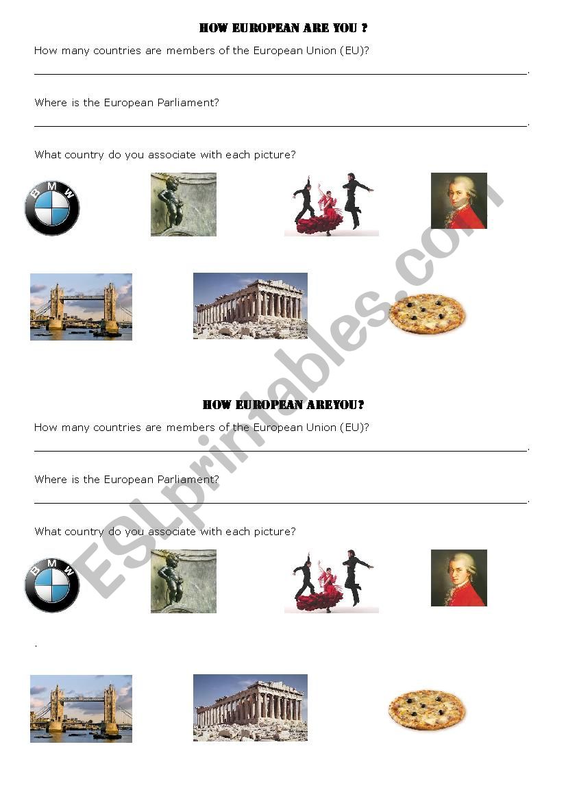 BASIC questions about Europe worksheet