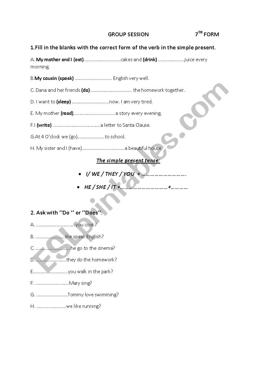 GROUP SESSION 7TH FORM worksheet