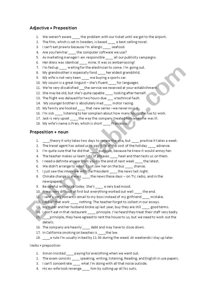 Dependant Prepositions worksheet