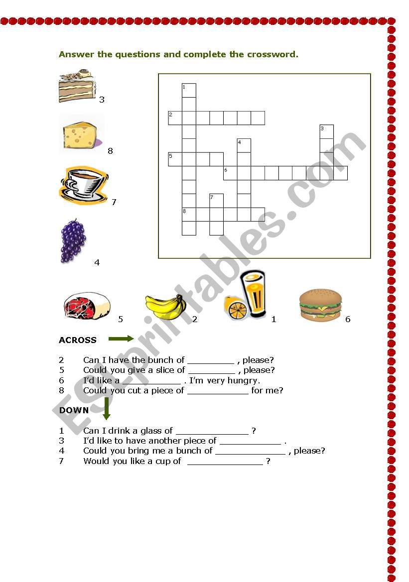 Food crosswords worksheet