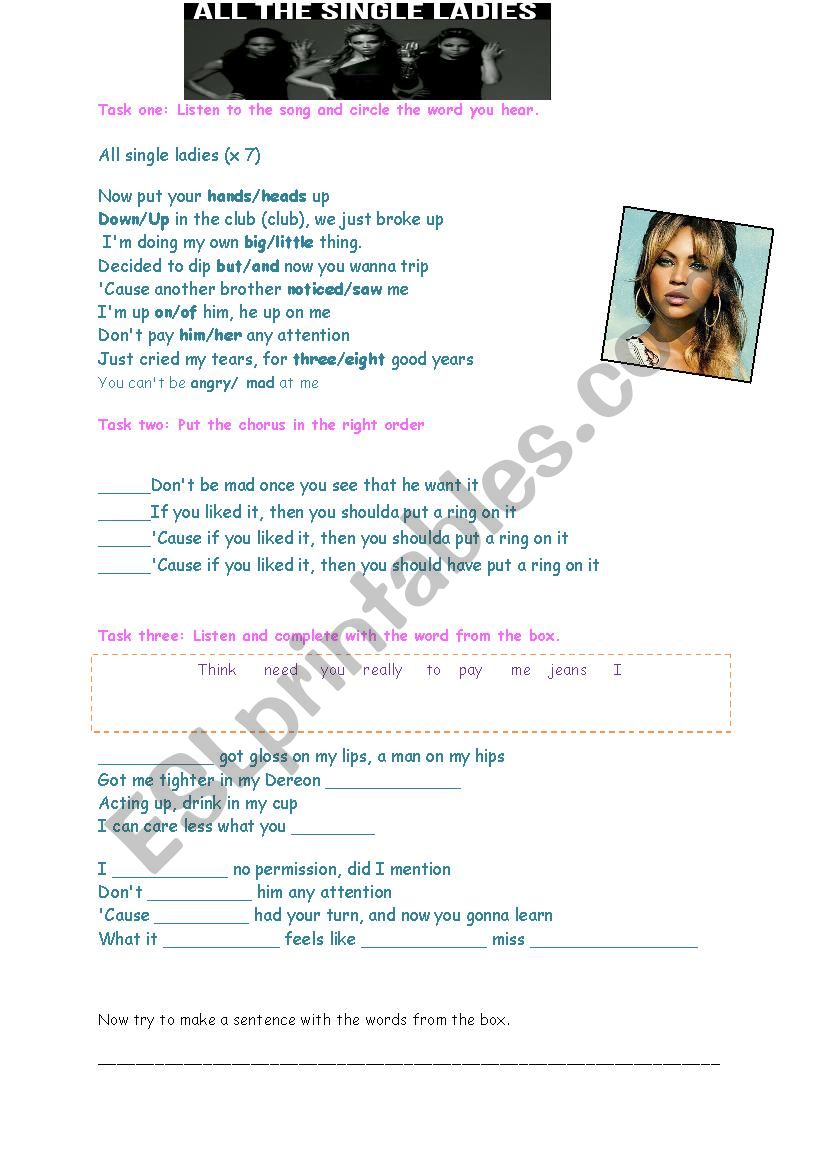 All single ladies Beyonce worksheet