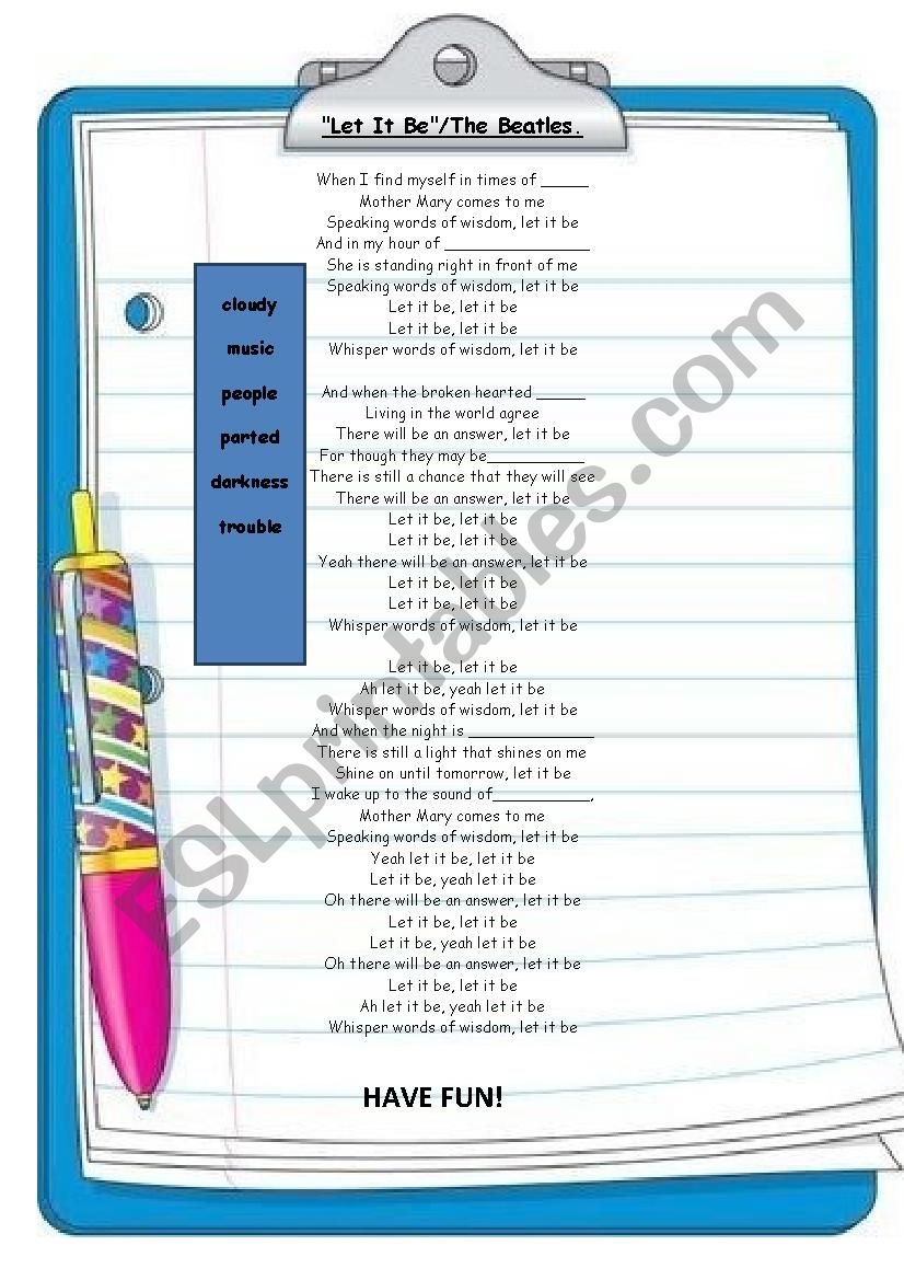 Let It Be/by The Beatles worksheet