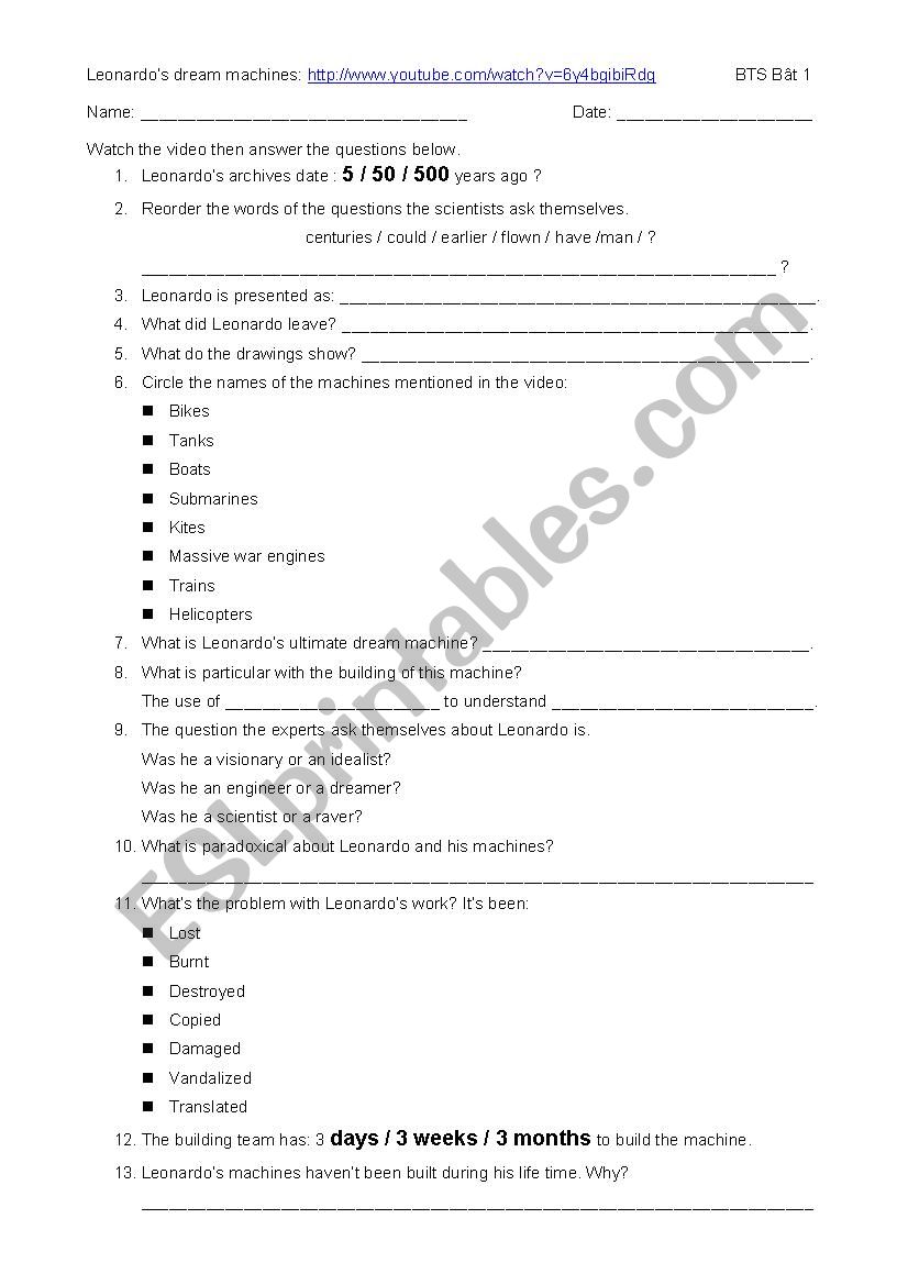 Leonardos dream machines worksheet