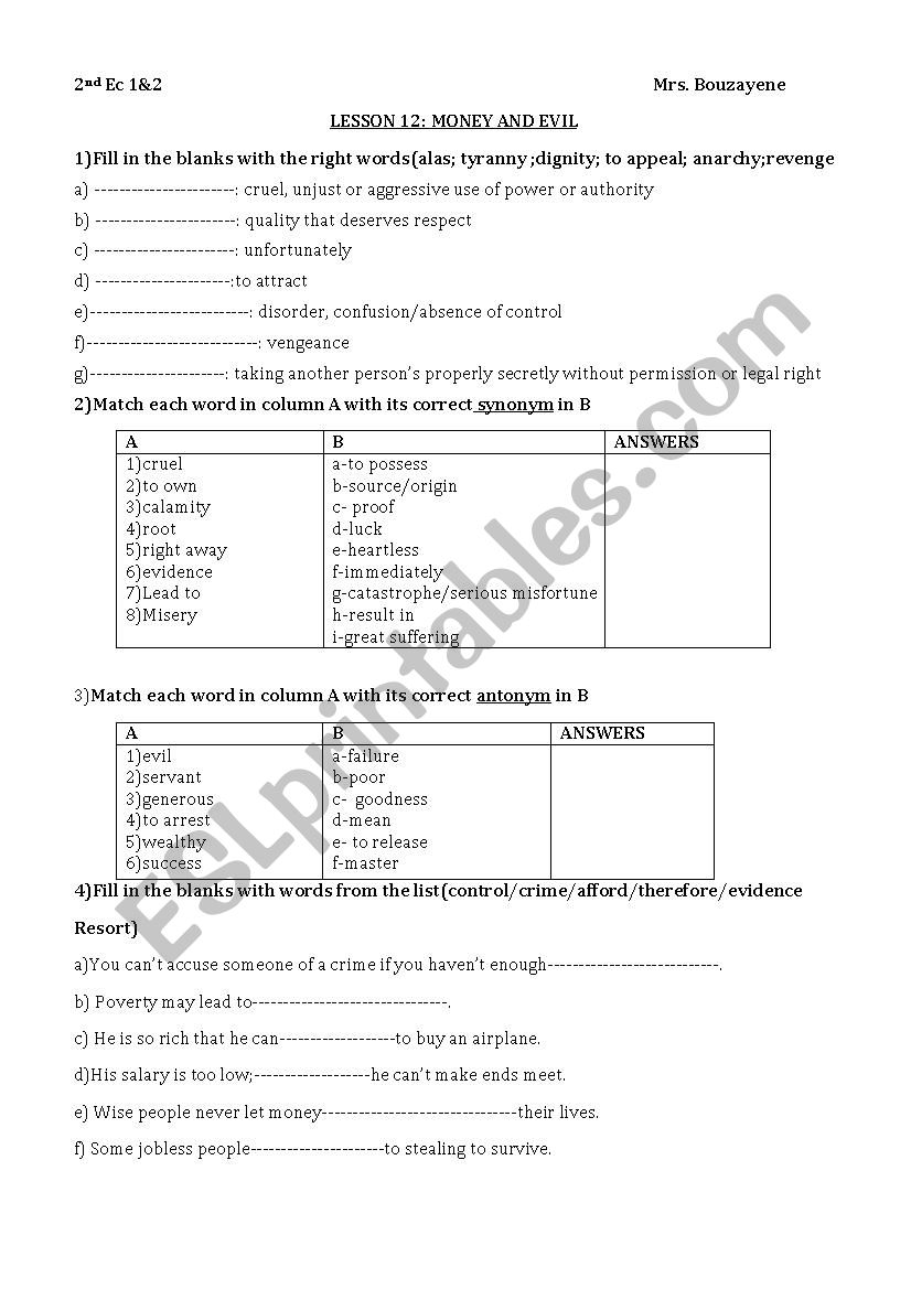 lesson 12 money and evil worksheet