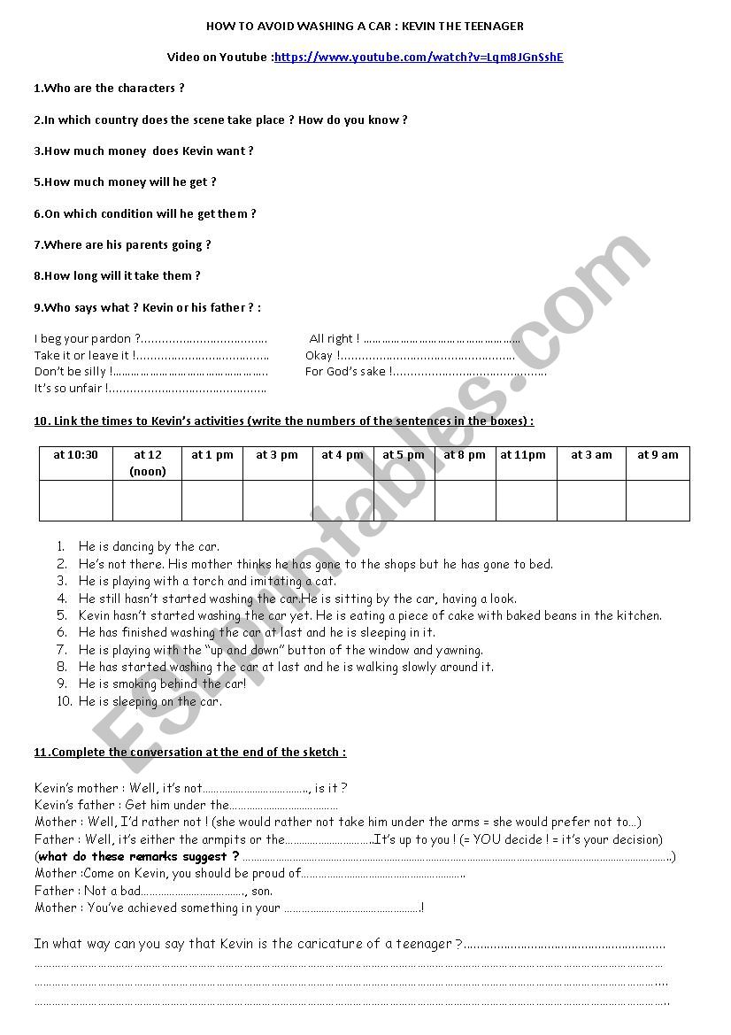 Kevin the teenager (video) worksheet