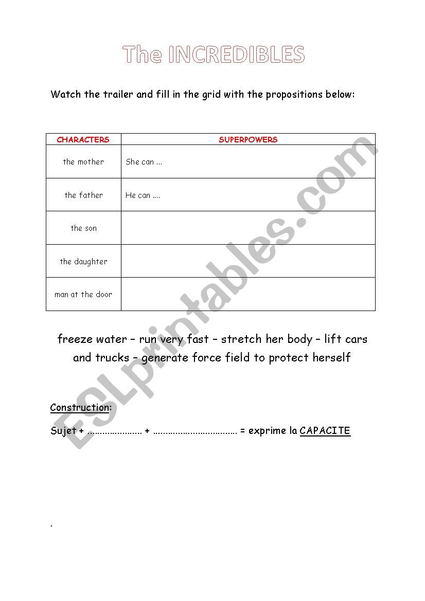 The incredibles worksheet