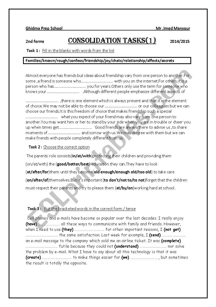 consolidation 1 2nd form  worksheet