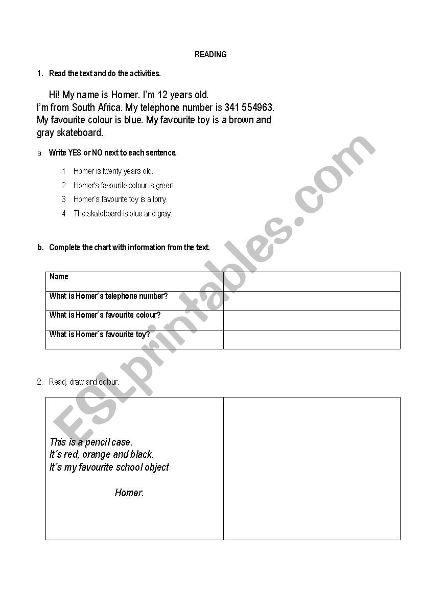 Reading peronal information worksheet