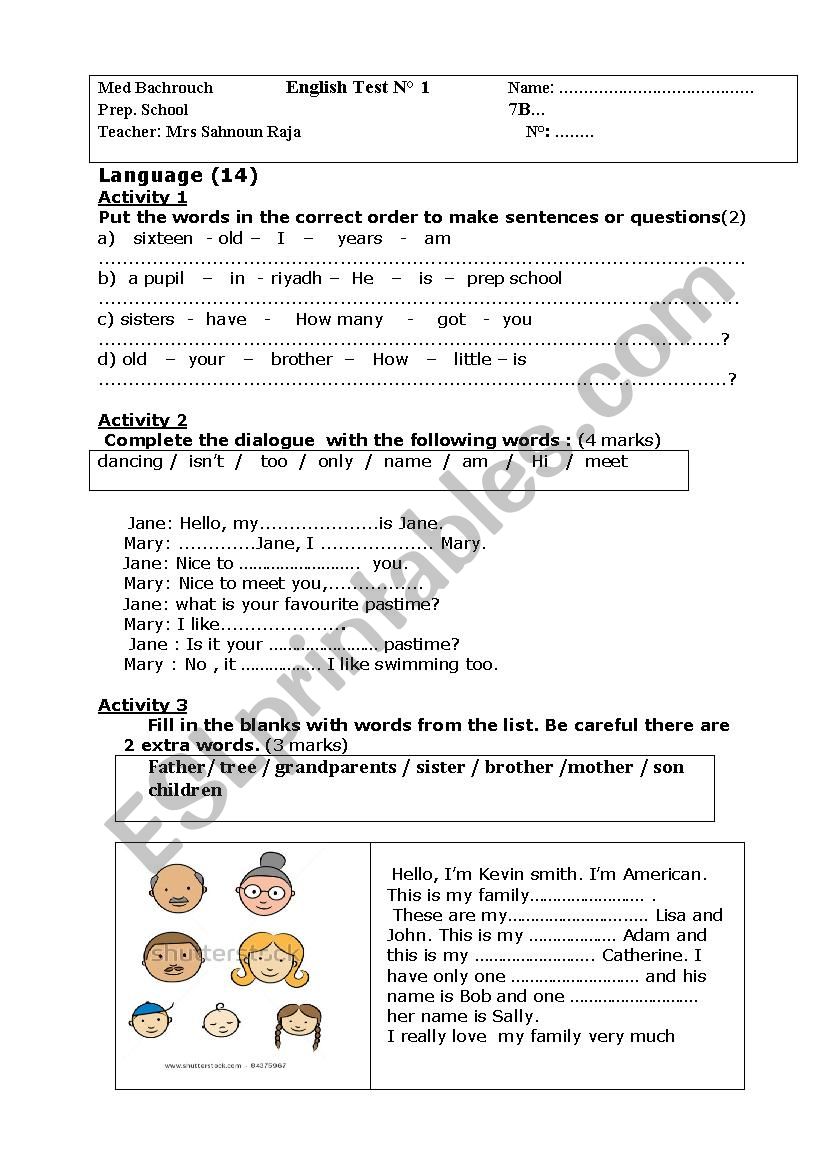 7th form English test n1 worksheet