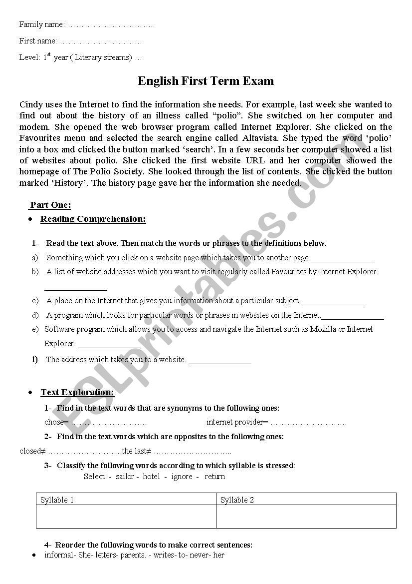 Exam worksheet